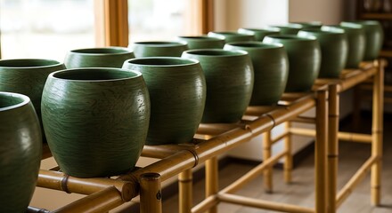 Handmade green ceramic pottery vases drying on wooden shelves in a workshop.