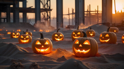Halloween Jack-O’-Lanterns Glowing in a Gritty Construction Zone