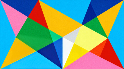 Abstract geometric composition featuring overlapping colorful triangles on a blue background