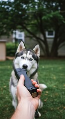 Husky Dog Playing with Toy in Green Backyard.