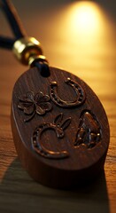 Lucky Charm Pendant with Horseshoes and Four Leaf Clover Design.