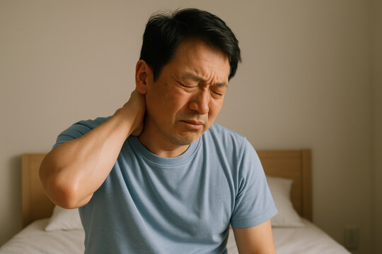 Stressed man suffering from neck pain while sitting on bed, middle aged asian male experiencing discomfort at home
