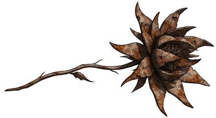 Illustration of a rusted metal flower with a stem, evoking a dystopian or steampunk aesthetic.