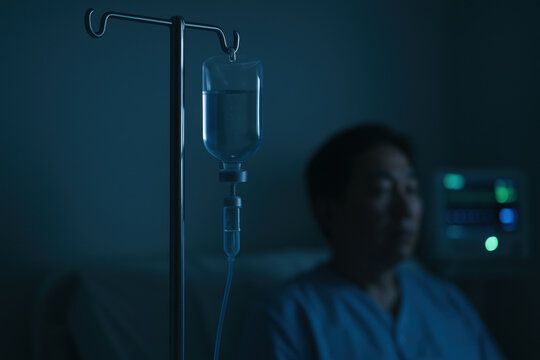 Intravenous fluid drip in dark hospital room with ill patient resting and medical equipment monitoring vital signs