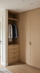 Modern wooden closet with drawers and hanging clothes.