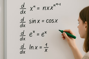 Student writing calculus differentiation rules on whiteboard, learning mathematical formulas and derivatives in educational classroom