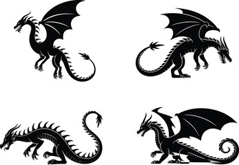 Dragon silhouettes in different poses, mythical creature illustration, fantasy design, powerful wings, horns, spiked tails, legendary beast artwork, 