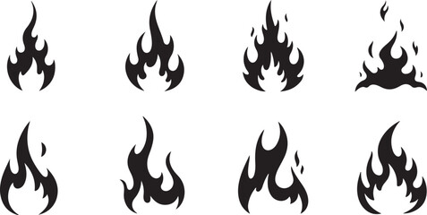 Fototapeta premium Collection of diverse stylized black flame silhouettes, representing heat, passion, and energy, ideal for graphic design projects, logos, and decorative elements