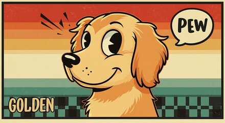 Retro Golden Retriever Dog with Speech Bubble Saying Pew.