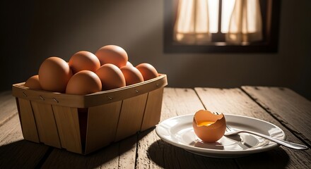 Rustic Eggs - A Basket of Brown Eggs on a Wooden Table.