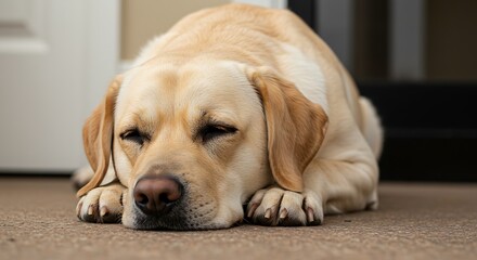 Sad Labrador Retriever Dog Lying Down on Floor.