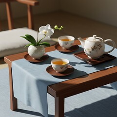 Serene Tea Ceremony Setup with Delicate Orchid and Porcelain Teaware.