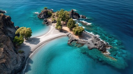 Top Down Drone View Of A Verdant Volcanic Island With Lush Green Trees Emerging From Dark Rocky Outcrops Surrounded By Crystal Clear Turquoise Ocean Water On A Sunny Day