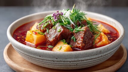 Top Down Food Photo of Traditional Chinese Beef Stew with Potatoes Garnished with Herbs and Sliced Scallions in a Rustic Bowl on a Wooden Board with Steam Rising