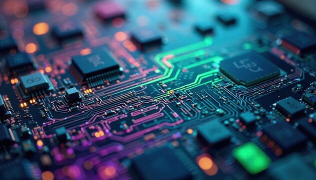 Macro view of intricate circuit board pathways illuminated by subtle, pulsing light, symbolizing data flow. Extreme close up, macro view of a detailed circuit board with intricate, glowing copper