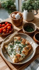 Top Down View Of A Delicious Breakfast Pizza Slice With A Fried Egg On Top Garnished With Fresh Parsley And Sesame Seeds Beside Cherry Tomatoes And Eggs In Wooden Bowls On A Sunlit Wooden Table