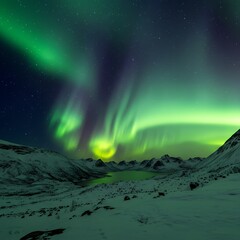 Vibrant Aurora Borealis Illuminates Snowy Mountain Landscape at Night.