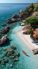 Top Down View Of A Lone Swimmer Floating In Clear Turquoise Water Next To A Rocky Shoreline With Lush Green Vegetation And A Kayak Resting On The White Pebble Beach On A Sunny Day