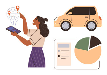Woman pointing at mapped locations on a digital tablet, car icon, pie chart, and checklist. Ideal for mobility, navigation, logistics, tech planning data and driving themes. Simple flat metaphor