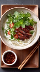 Top Down View of Asian Noodle Soup with Sliced Grilled Meat Fresh Greens and Red Chili Peppers in a Speckled Bowl on a Wooden Platter with Chopsticks and a Small Bowl of Sauce