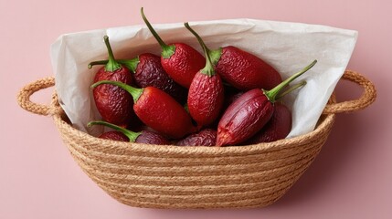 Top Down View Of Vibrant Red Dried Chili Peppers Generously Sprinkled With White Salt Crystals Nestled Within A Woven Basket Lined With White Parchment Paper On A Soft Pink Background