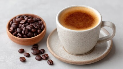 Top View of a Creamy Coffee Cup and Roasted Coffee Beans on a Light Gray Surface with a Rustic Wooden Bowl Filled with Beans and Scattered Beans Around