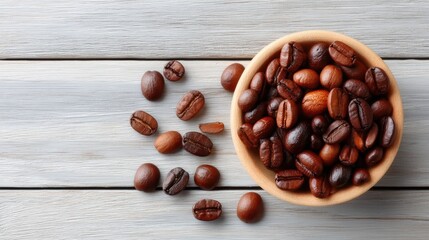 Top View Of A Bowl Filled With Roasted Coffee Beans Scattered On A Wooden Table With Natural Lighting