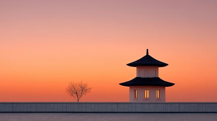 Traditional Pagoda Structure Silhouetted Against Warm Sunset Sky With Distant Tree Silhouette