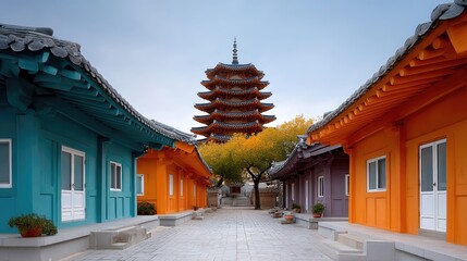 Traditional Korean Village with Colorful Houses and a Pagoda Temple in the Background Under a Clear Sky