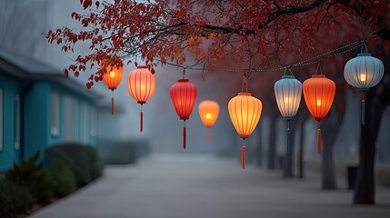 Traditional Paper Lanterns Glow with Warm Light on a Misty Autumn Evening Along a Tree Lined Path Outside Teal Houses