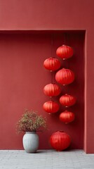 Traditional Red Lanterns Hung in a Recessed Wall Niche with a Potted Plant below on a Textured Red Wall Background and Cobblestone Floor
