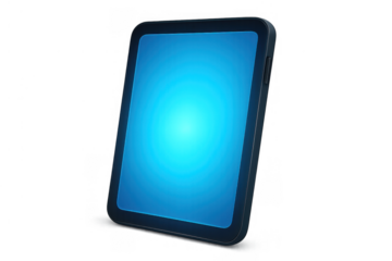 Tablet showing glowing blue screen transparent background for technology communication digital content