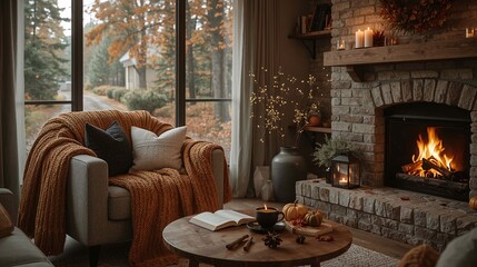 Autumn inspired decor captures natural coziness with orange couch stone architecture handcrafted crochet details and inviting outdoor view interior design aesthetic photo