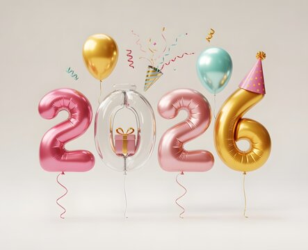 Pink and gold balloons forming 2026 with party hat, confetti, and streamers, isolated on white background