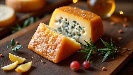 Artisanal cheese selection featuring blue cheese with accompaniments lemon wedges and rosemary for
