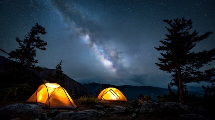 Camping tents under starry night sky