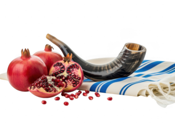 Pomegranates and shofar on striped cloth for traditional jewish celebration isolated on transparent background