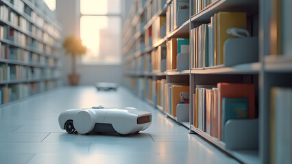 Automated inventory system operating within a library showing robot scanning books and managing