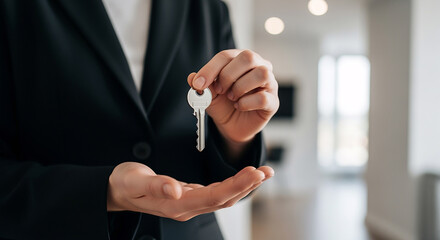 A woman in a business suit hands over the keys to a new house with the interior of the house in the background, image of a real estate contract and a new life