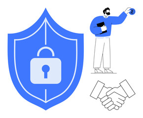 Blue shield with lock, person sharing a coin, and handshake symbolizing trust, data security, and reliability. Ideal for cybersecurity, trust, financial safety, agreements partnerships secure