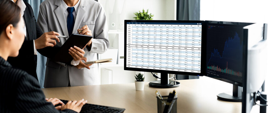 Accounting software on computer screen showing financial statement spreadsheets and account balance of corporate business offer accountant a fine calculation accounting brisk
