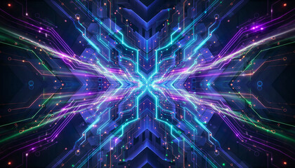 Fototapeta premium Cyberpunk Blue and Purple Futuristic Tech Illustration 水色と紫の光が走るサイバーパンク背景 デジタルイラスト