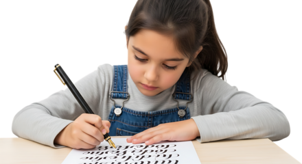 Young girl writing on paper at desk isolated on transparent background