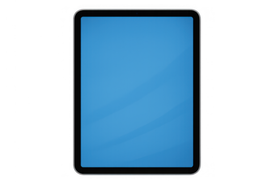 Tablet computer with blank blue screen, modern technology device mockup for digital content and business presentation