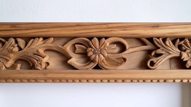 Intricate Wooden Carving Featuring Floral Motifs and a Central Ribbon Bow Detail With Natural Wood Grain Texture