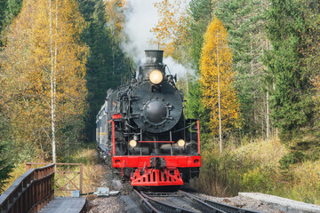 Steam train arrives to the station.