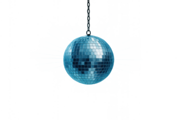 Blue disco ball hanging from chain reflecting light, ready for fun party, dance, club, and celebration events
