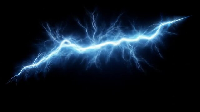 A jagged, electric-blue lightning bolt rips across a dark sky, crackling with raw energy, bright!!!!