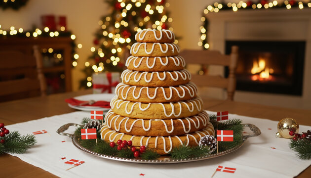 Traditional Scandinavian kransekake cake decorated with icing and Danish flags, displayed in a cozy Christmas setting with fireplace and festive lights.