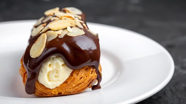 A Decadent Chocolate Eclair Filled With Cream And Topped With Sliced Almonds And Rich Chocolate Glaze Presented On A White Plate
